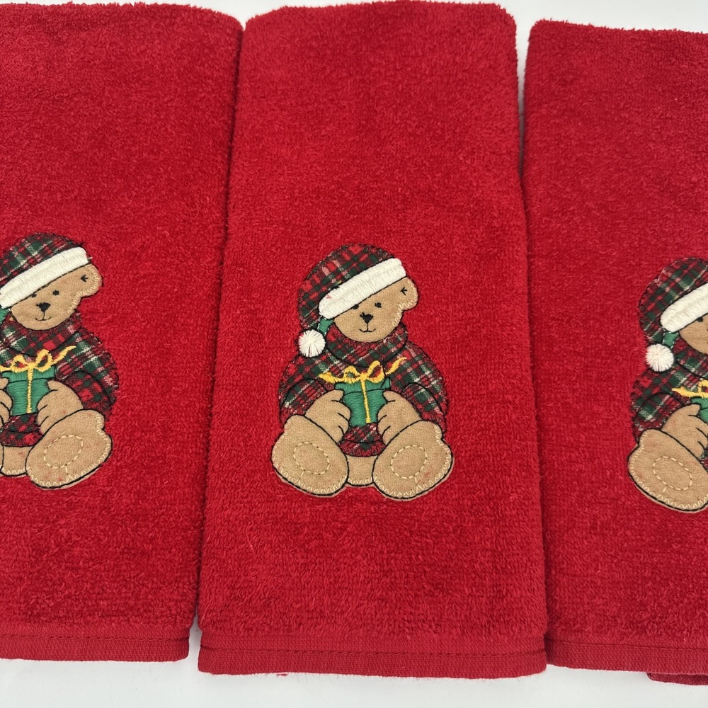 Cannon Hand Towel Set 3 Red Christmas Teddy Bear Embroidered Cotton USA Retro